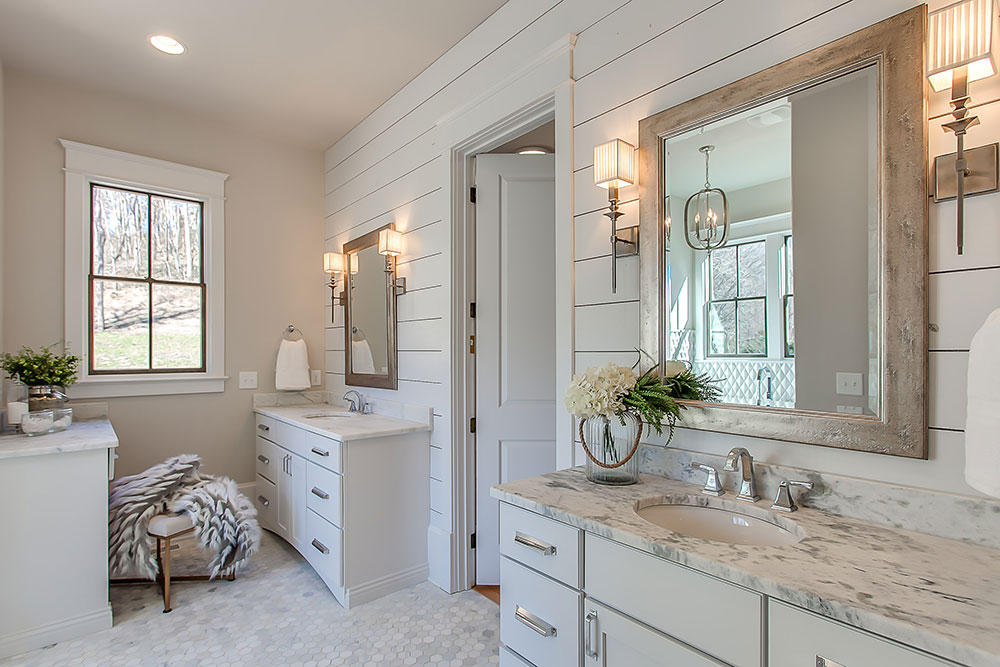 Master bathroom vanities with separate makeup vanity and shiplap wall